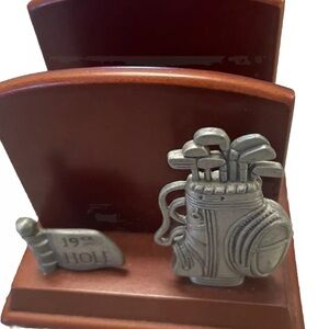 Vintage Golf Bag Letter Holder 19th Hole Pewter Wood Desk Accessory Golf Lover